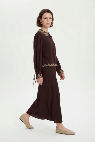 Nakış Detaylı Yuvarlak Yaka Kahve Takım 1844