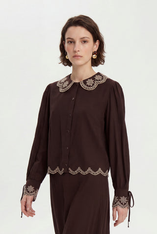 Nakış Detaylı Yuvarlak Yaka Kahve Takım 1844