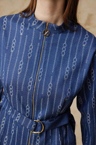 Fermuar Detaylı Kemerli Desenli Mavi Takım 1853