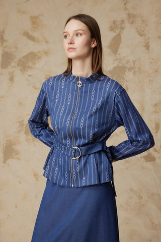 Fermuar Detaylı Kemerli Desenli Mavi Takım 1853