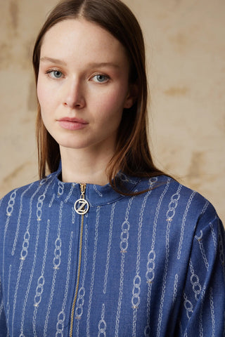 Fermuar Detaylı Kemerli Desenli Mavi Takım 1853