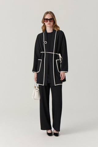 Şal Yaka Bağlama Detaylı Dokulu Siyah Takım 1907