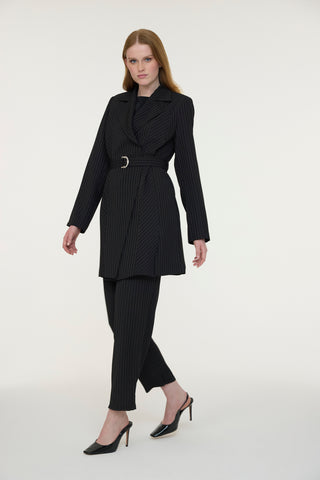 Kemerli Çizgili Şal Yaka Siyah Takım 1911