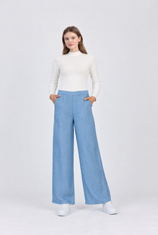 Denim Geniş Paça Mavi Pantolon 0013