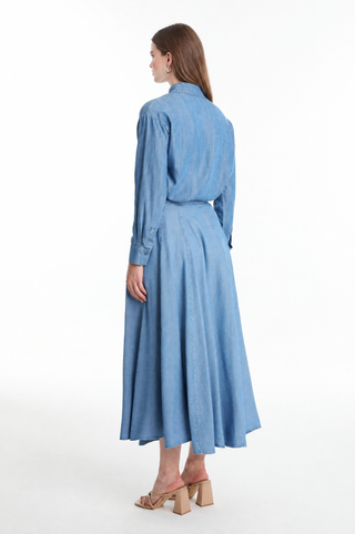 Yüksek Bel Cepli Denim Mavi Etek 0144