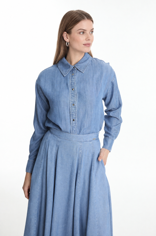 Yüksek Bel Cepli Denim Mavi Etek 0144