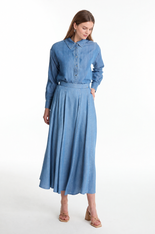 Yüksek Bel Cepli Denim Mavi Etek 0144
