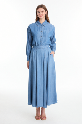 Yüksek Bel Cepli Denim Mavi Etek 0144