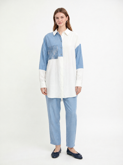Renk Bloklu Cep Pullu Ekru Tunik 1561