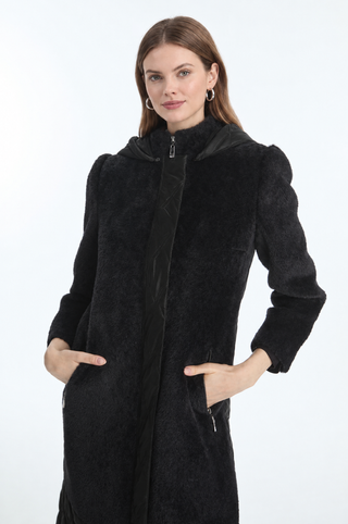 Peluş Detaylı Kapitone Mont Siyah Kaban 13896